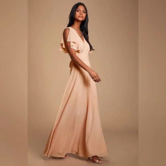 Lulu’s Dearly Loved Blush Pink Flutter Sleeve Maxi Dress Bridesmaids - Picture 3 of 11